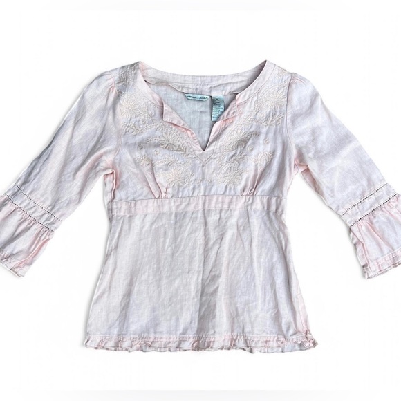 Edward Petite Womens Pastel Pink Linen Boho Embroidered Coquette Girl Blouse - Picture 1 of 12